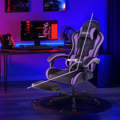 WOTSTA ergonomic gaming chair with footrest, lumbar support, headrest, adjustable height, 360° swivel, black and purple color.