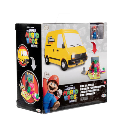 Super Mario Bros Movie Van playset by Jakks Pacific with Mario figure, warp pipe, and movie scene accessories for kids ages 3+.