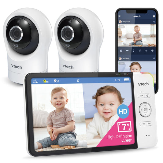 VTech RM7764-2HD baby monitor with two cameras, 7-inch HD display, night vision, pan-tilt, zoom, and two-way talk.