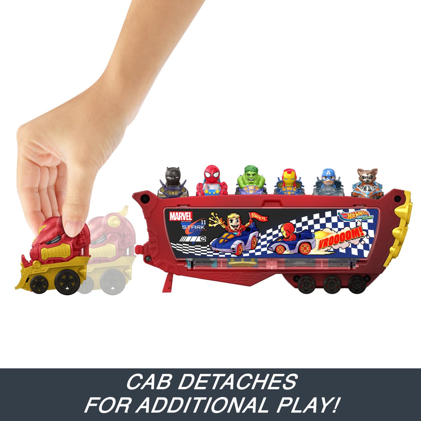 Hot Wheels RacerVerse Marvel Hulkbuster Hauler, Transport & Store Up to 10 Toy Vehicles, Detachable Cab with Flip-Up Helmet & Non-Removable Figure, HRY02