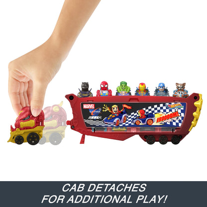 Hot Wheels RacerVerse Marvel Hulkbuster Hauler, Transport & Store Up to 10 Toy Vehicles, Detachable Cab with Flip-Up Helmet & Non-Removable Figure, HRY02