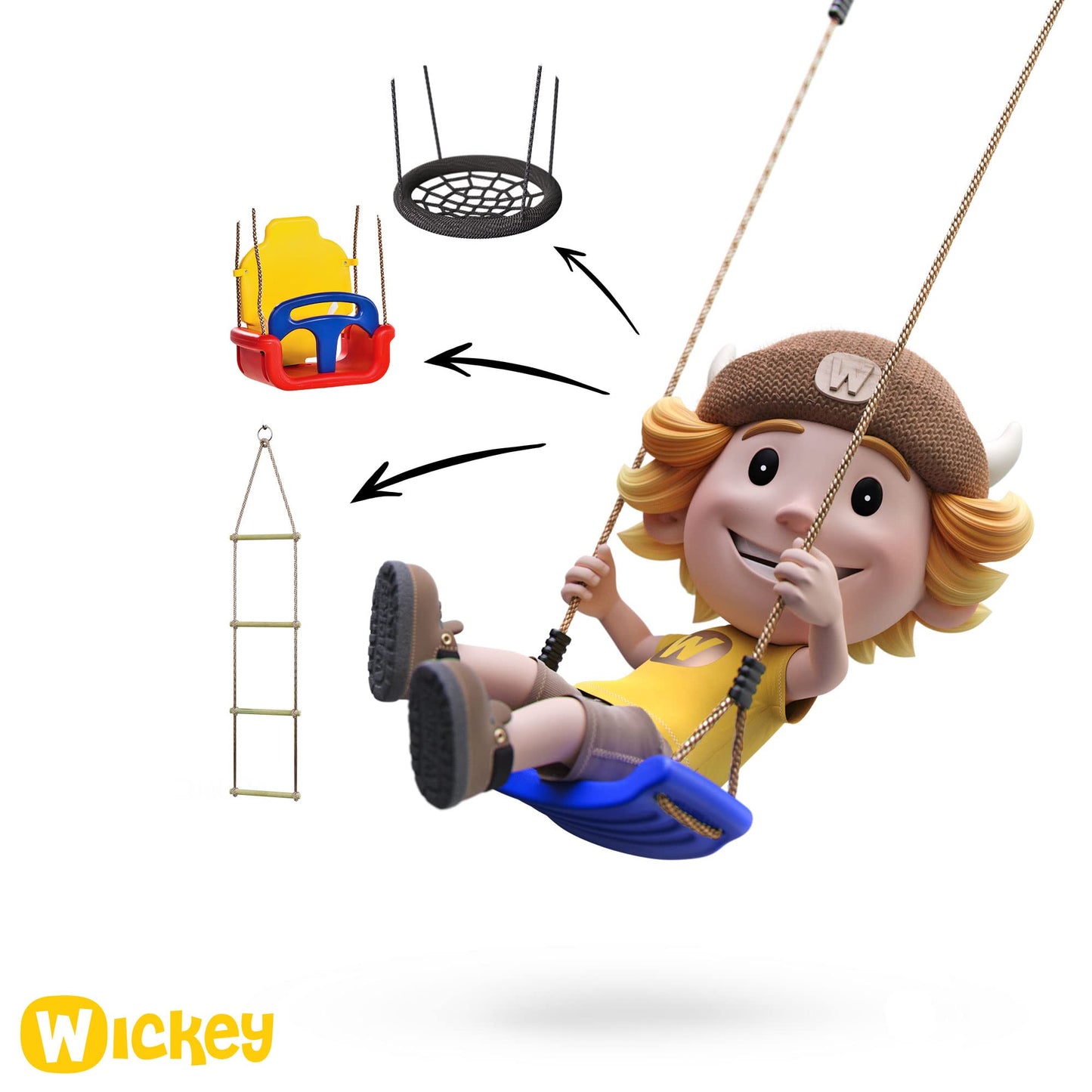 WICKEY Wooden climbing frame Smart Queen with swing set, red-yellow tarp & red slide, Outdoor kids playhouse with sandpit, climbing ladder & play-accessories for the garden