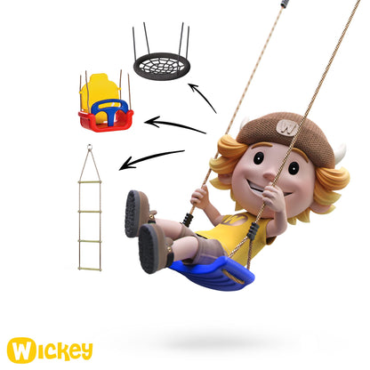 WICKEY Wooden climbing frame Smart Queen with swing set, red-yellow tarp & red slide, Outdoor kids playhouse with sandpit, climbing ladder & play-accessories for the garden
