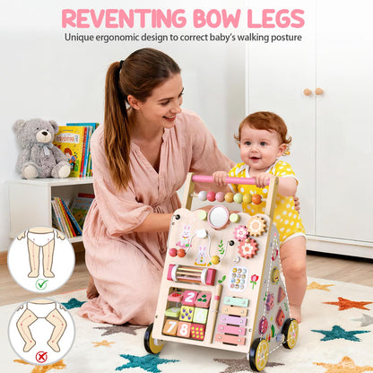 Wooden Weilim baby walker with wheels, bunny design, adjustable height, ideal for toddlers learning to walk, ages 12+ months.