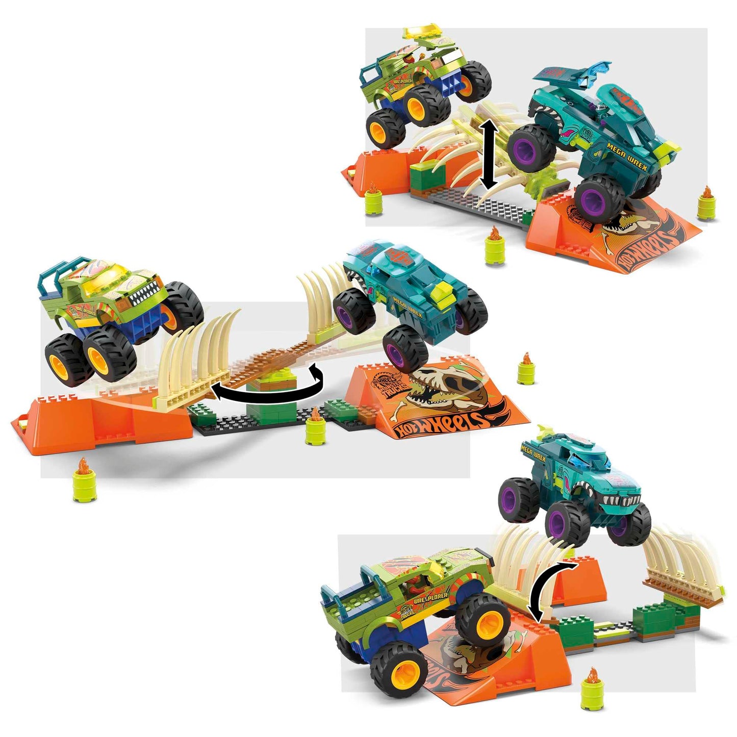 MEGA Hot Wheels Monster Trucks Building Toy, Smash & Crash Mega-Wrex Boneyard Stunt Course with 332 Pieces, 2 Figures and 2 Ramps, Kids Age 5+ Years, HKF89