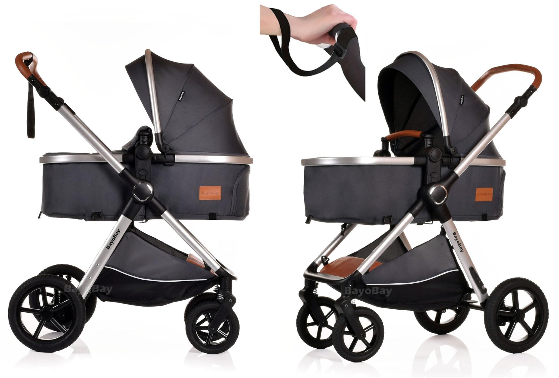 BayoBay 3-in-1 baby buggy pram stroller with car seat and carrycot, lightweight, foldable travel system for newborns and toddlers in grey silver.