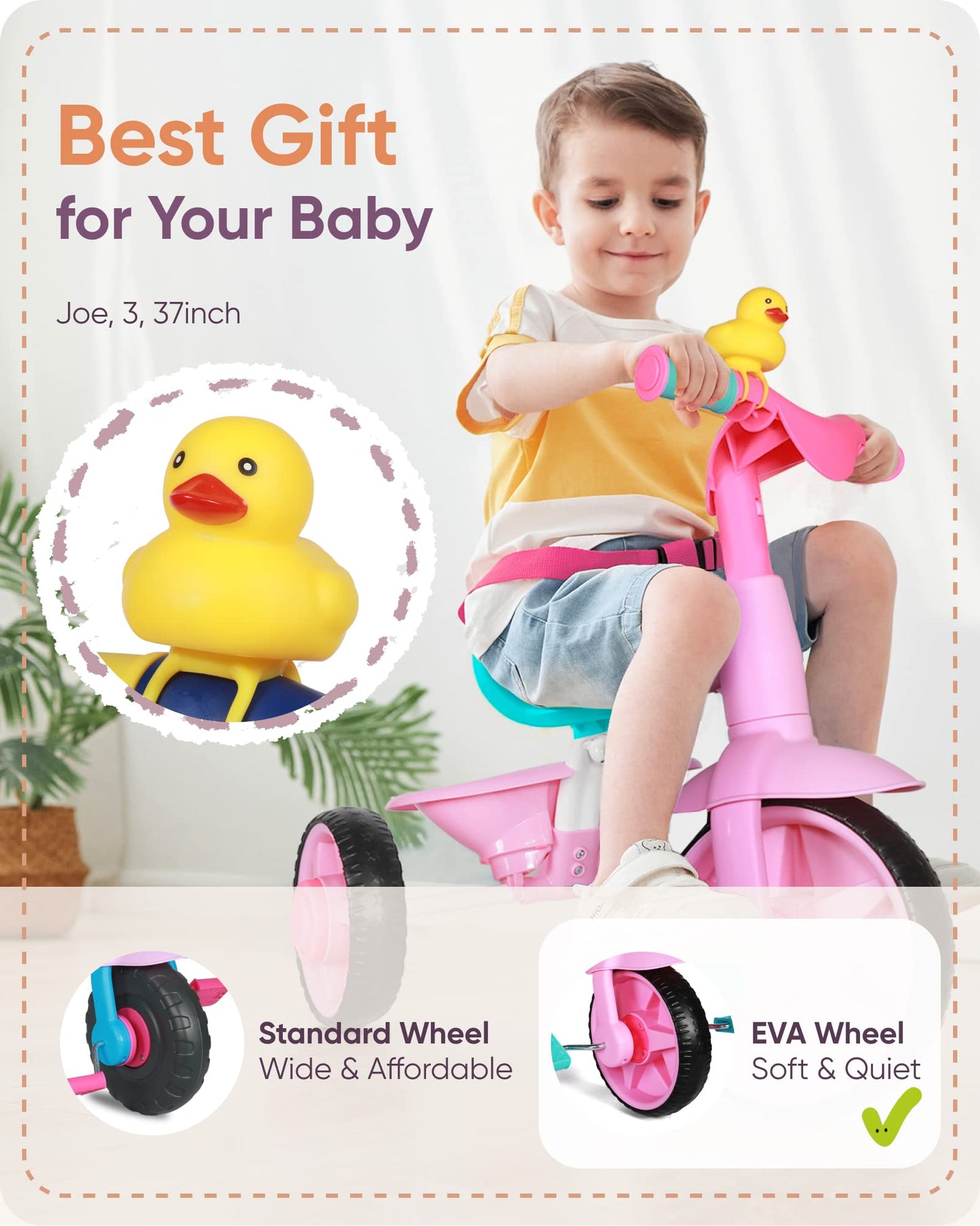 KRIDDO 2 in 1 Kids Tricycles Age 18 Month to 3 Years, EVA Wheels Upgraded, Gift Toddler Tricycle, Trikes for Toddlers 2 to 3 Year Old with Push Handle and Duck Bell, Pink
