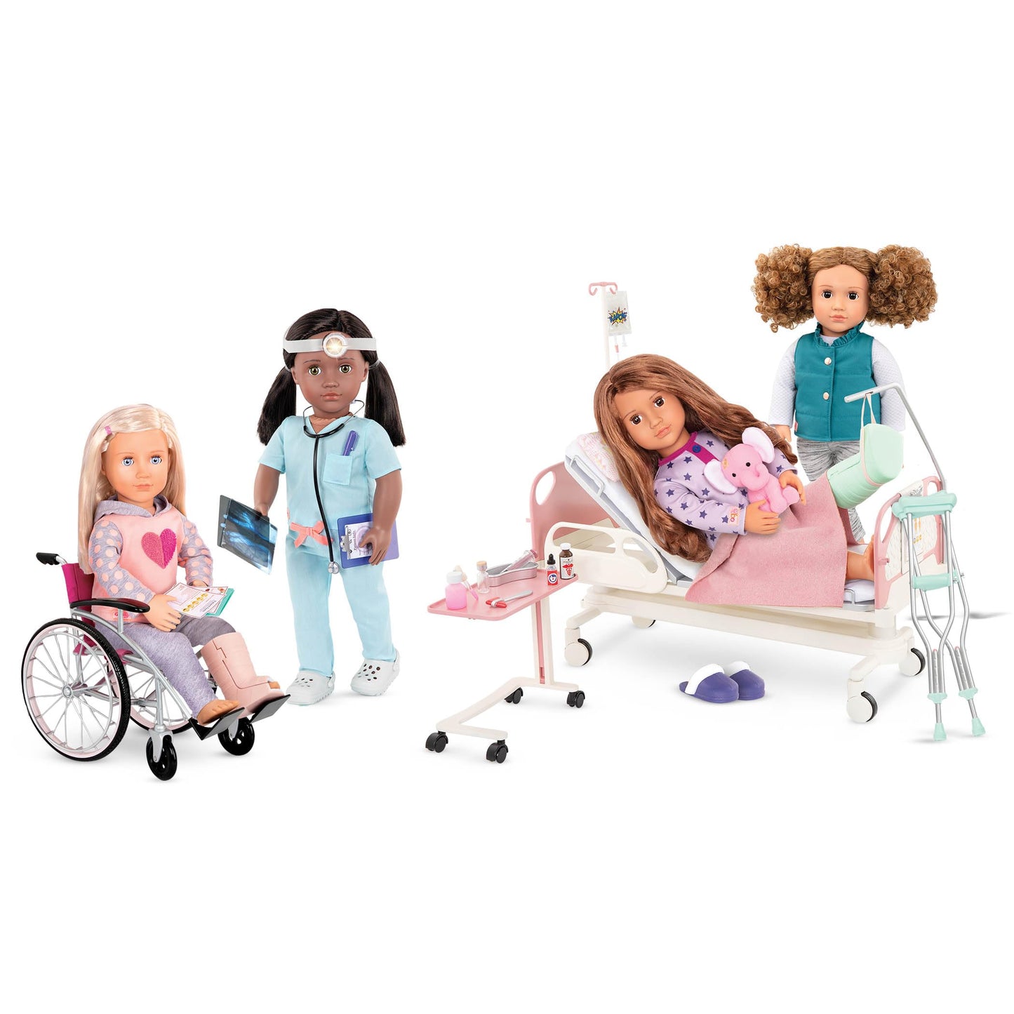 Our Generation Heals on Wheels set featuring a wheelchair and medical accessories for 18-inch girl dolls.