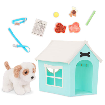 Our Generation dog house playset with plush puppy, perfect for 18-inch dolls and imaginative play for children aged 3 and up.
