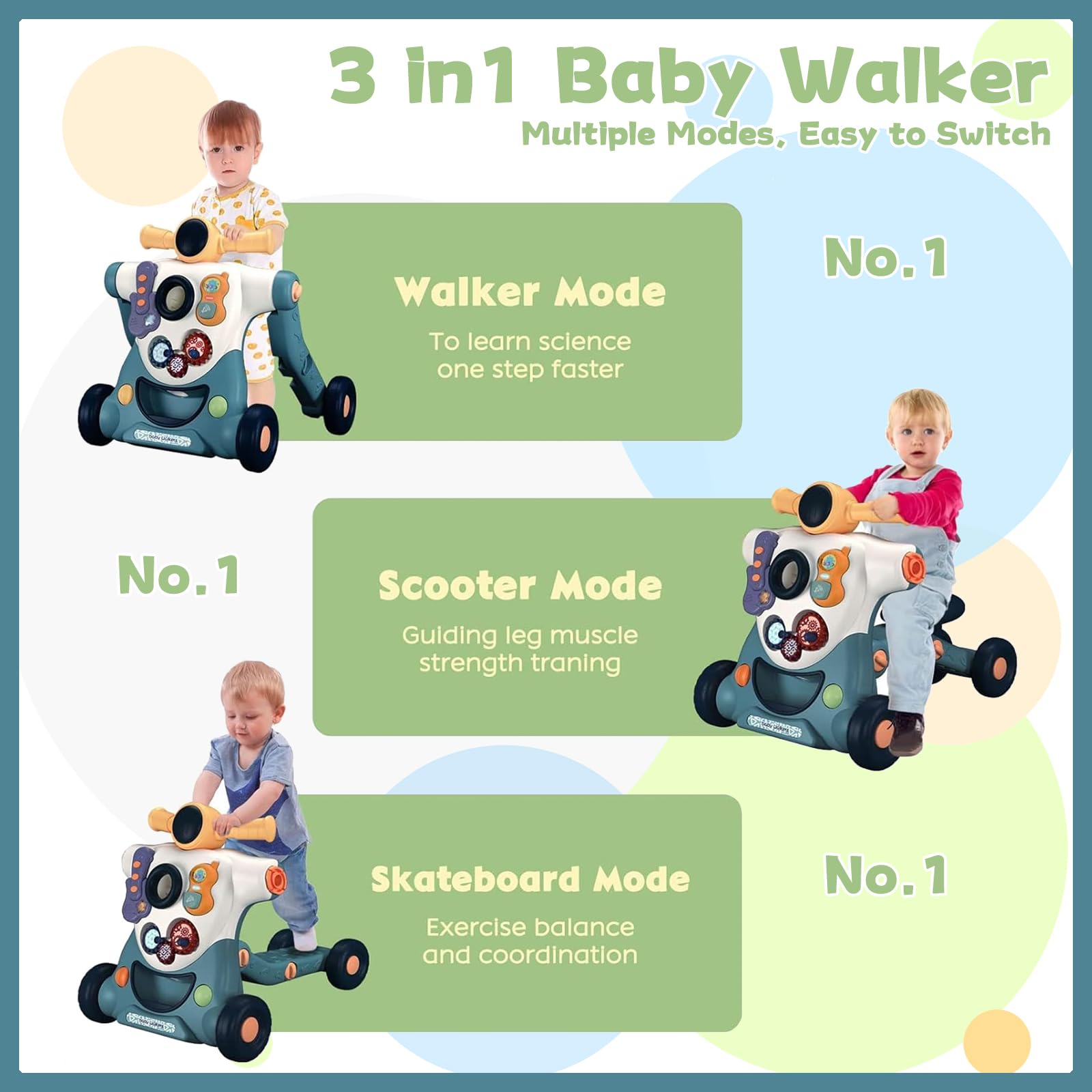 Blue Forroby 3-in-1 baby walker with music, activity panel, and adjustable speed for toddlers, sitting and standing modes.