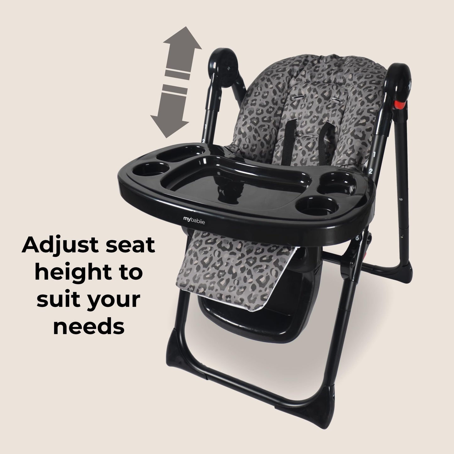 My Babiie MBHC8 Premium Highchair – Adjustable, 3 Recline Positions, 6 Height Settings, Removable Tray, Padded Seat, Foldable, for Toddler, from 6 Months to 3 Years (15kg) – Black Leopard