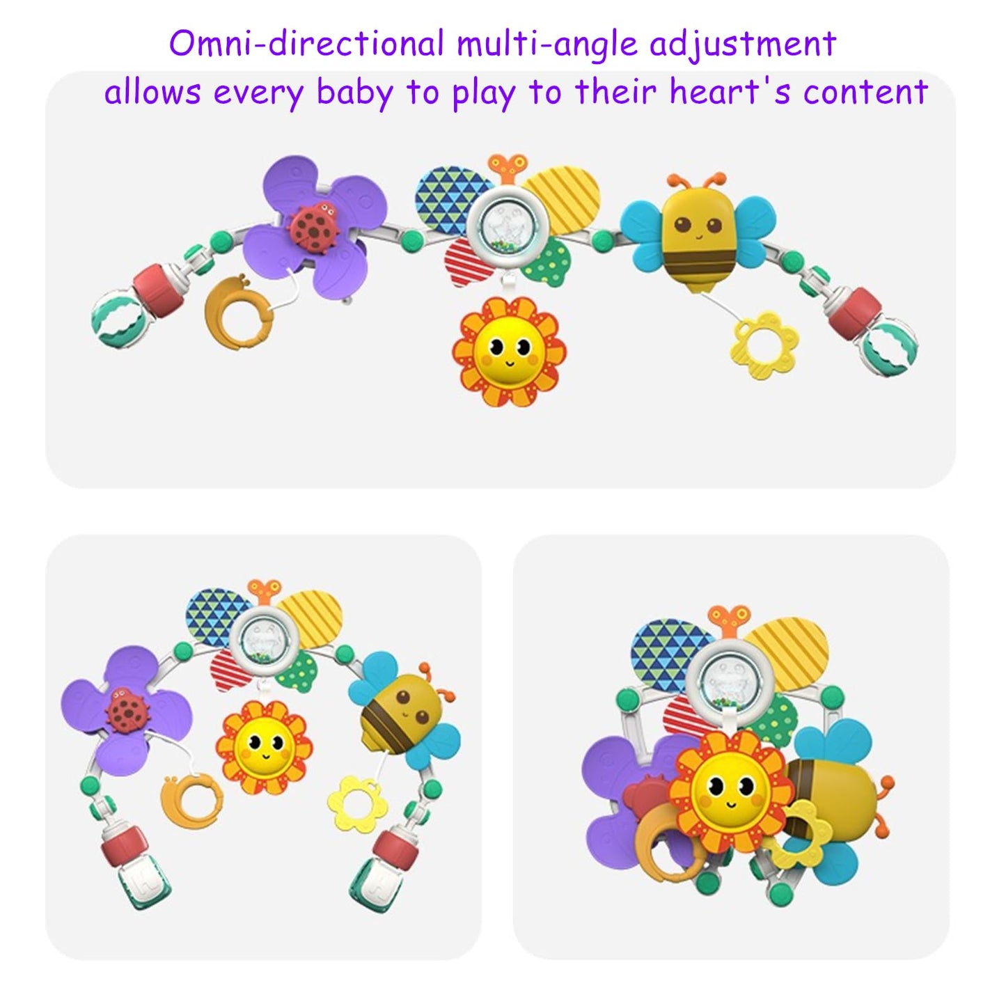 DQTYE baby stroll activity pram with foldable play arch and rattle toy, suitable for 6-12 months, designed for travel.