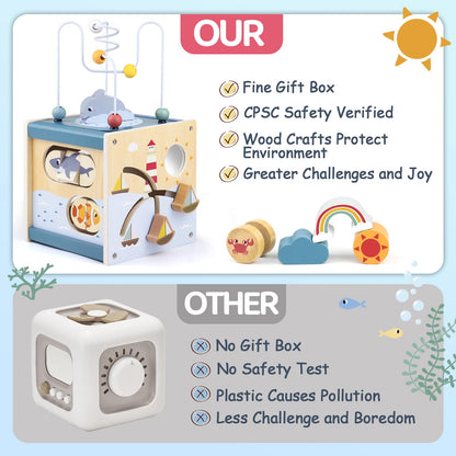 Airlab wooden activity cube with bead maze and shape sorter for babies aged 1 year, Montessori sensory educational toy for kids.
