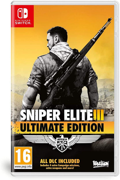 Nintendo Switch game case for Sniper Elite 3 Ultimate Edition by Fireshine Games, featuring cover art with a sniper in a desert setting.