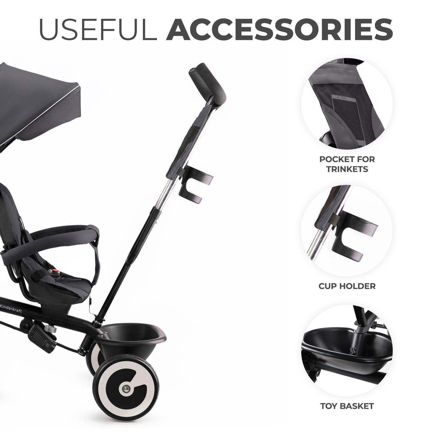 Gray Kinderkraft Aston Tricycle for kids, featuring a parent handle, footrest, and accessories like a bag and cupholder.