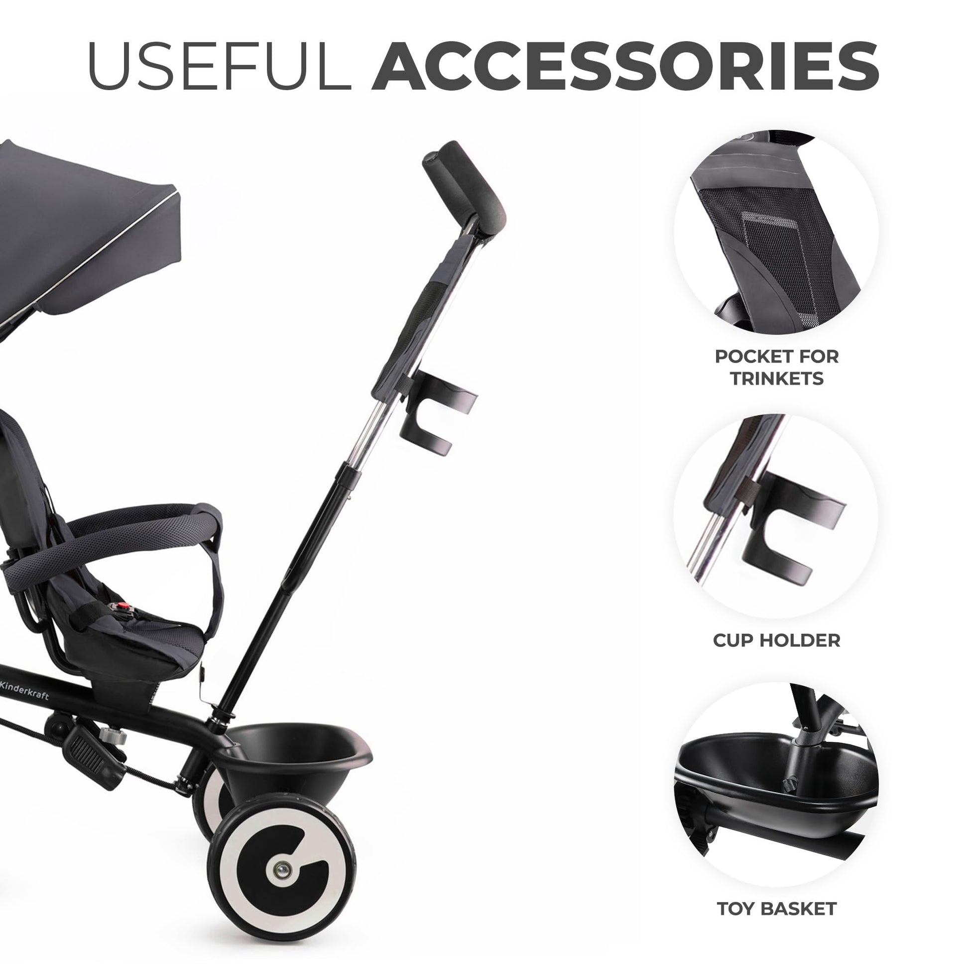 Gray Kinderkraft Aston Tricycle for kids, featuring a parent handle, footrest, and accessories like a bag and cupholder.