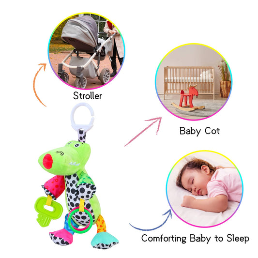 MEERO LONDON Crocodile clip-on pram toy with teether and sensory features for newborn babies, suitable for boys and girls.