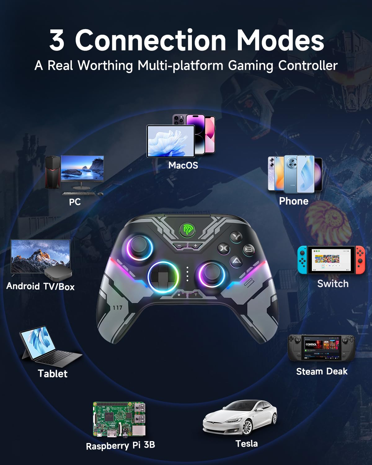 EasySMX X15 wireless PC controller with hall triggers, joysticks, and Bluetooth connectivity for Windows, Android, Steam, and Switch.