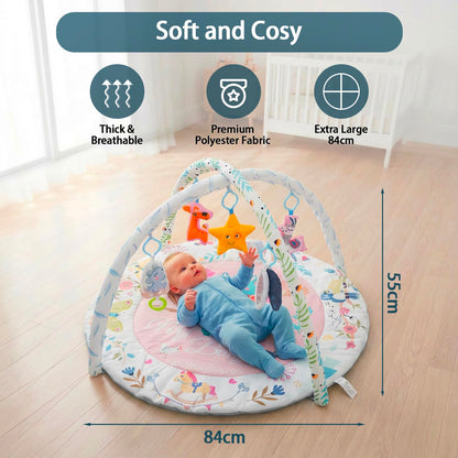 MFSLOVE Baby Play Mat and Activity Gym, Colorful Animal Design with 5 Hanging Toys, Interactive Floor Mat for Infants, Round Padded Playmat for 0-12 Months(Llama)