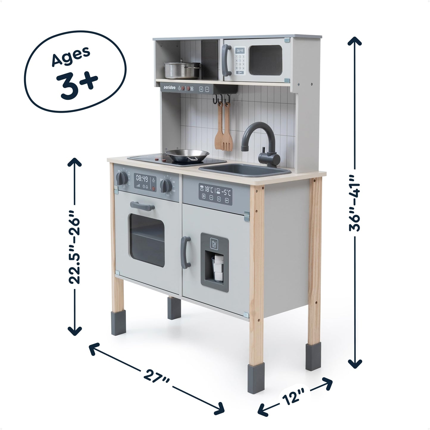 Jeridoo Wooden kitchen Little Chef's Kitchenette set with light-up oven, microwave, ice maker, Pretend Playset for Toddlers 3-6 years