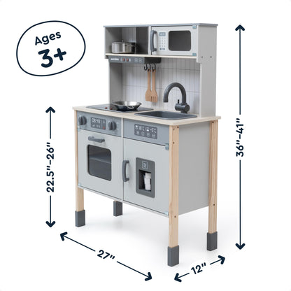 Jeridoo Wooden kitchen Little Chef's Kitchenette set with light-up oven, microwave, ice maker, Pretend Playset for Toddlers 3-6 years