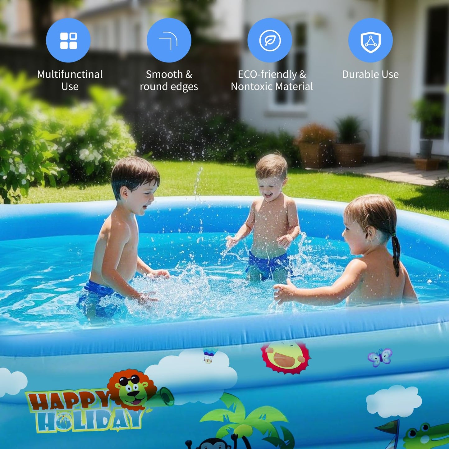 GALAXYER Inflatable Paddling Pool with Cartoon Prints, 3 Rings Large Rectangular Family Swimming Center for Kids Toddlers Adult, Indoor Outdoor Garden Swimming Pool, 205 × 125 × 50 CM