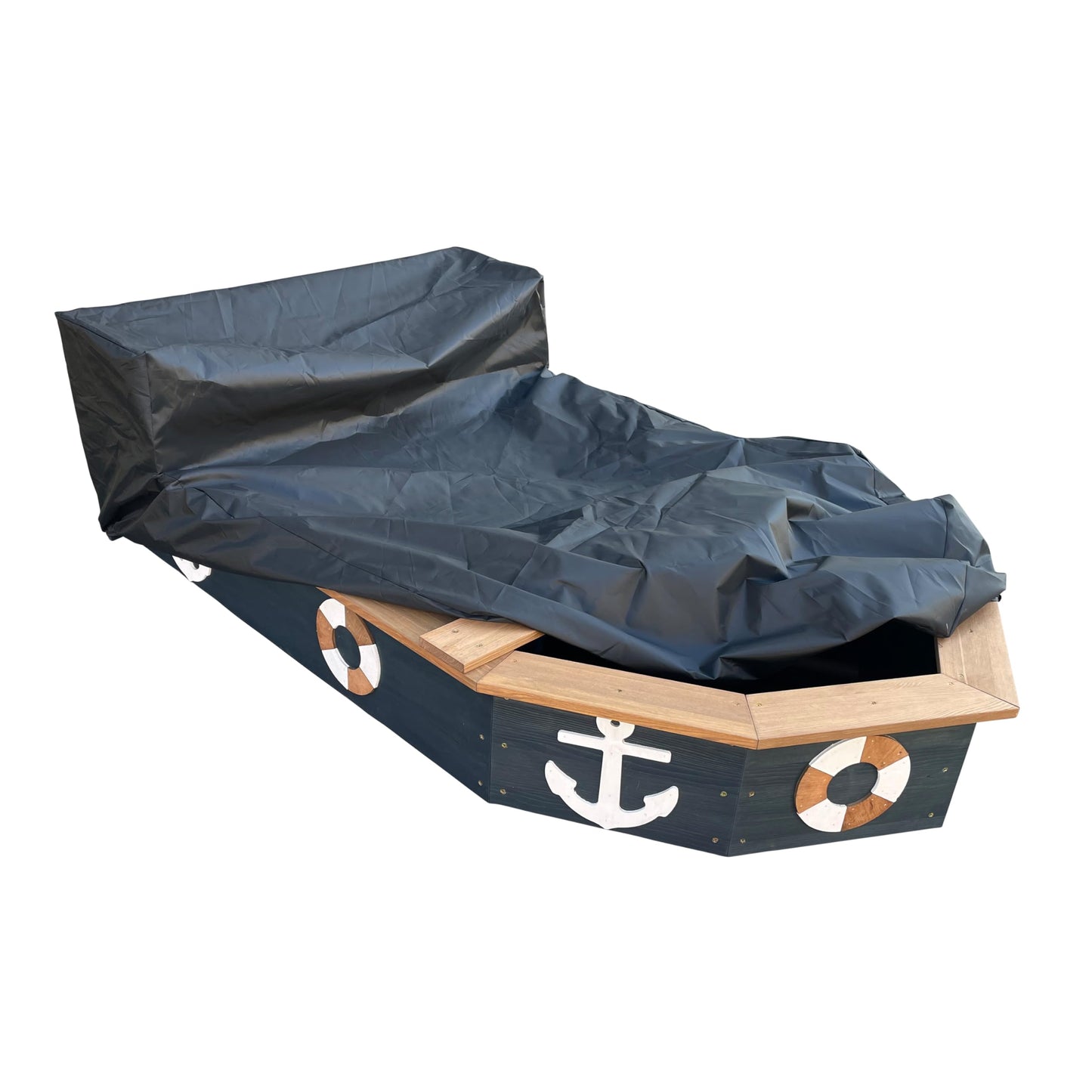 AXI Doris wooden boat-shaped sandbox with bench, storage, rotating rudder, cover, and ground cloth, measuring 153x90x100 cm.