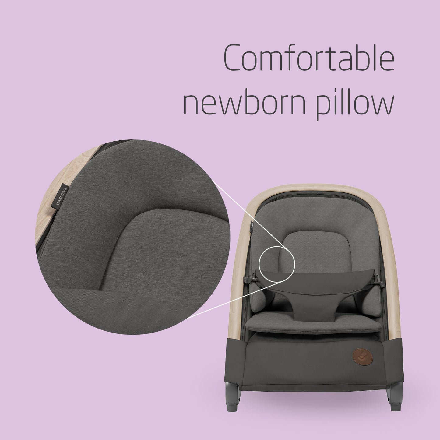 Maxi-Cosi Kori 2-in-1 ergonomic baby bouncer chair with toy arch, adjustable recline, lightweight design, and newborn pillow in graphite.