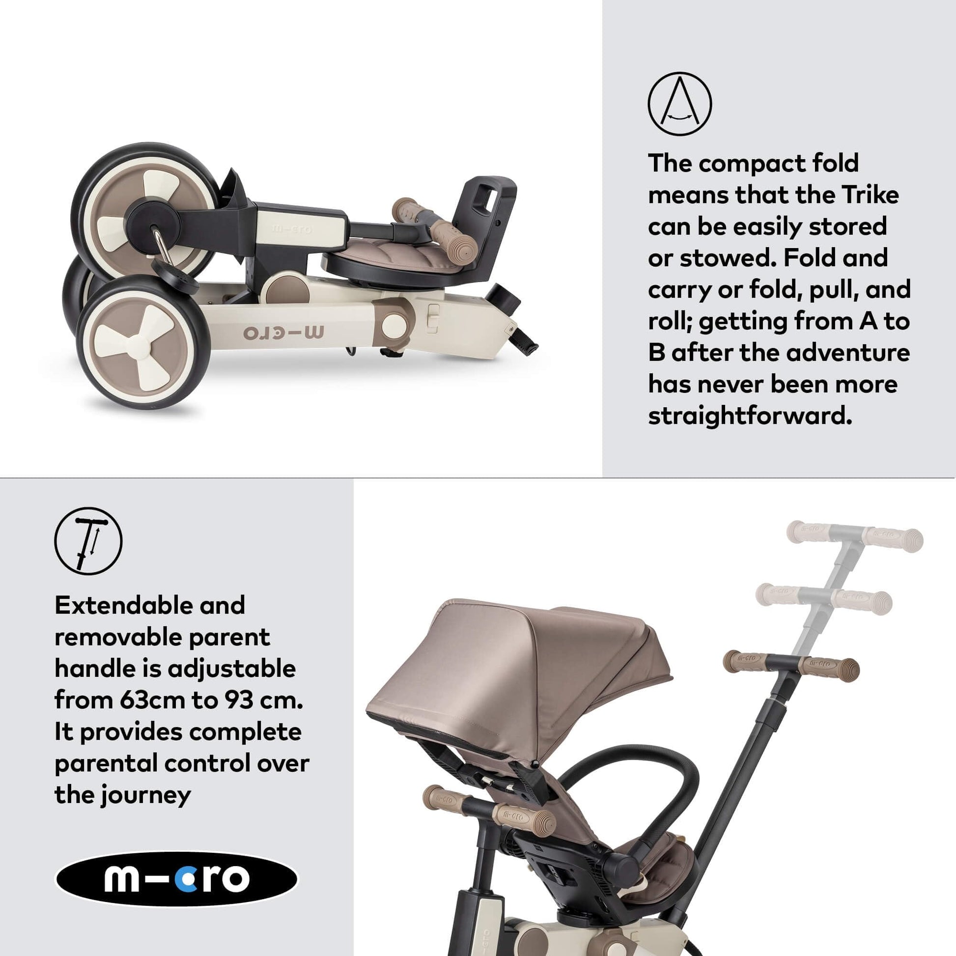 Micro FlexiTrike foldable toddler tricycle in latte brown with parent handle and 360-degree rotating seat.