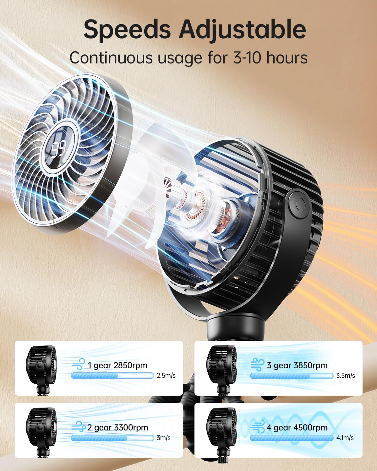 Bearwind Mini Portable Pram Fan in black with clip mount, digital display, night light, 4 speeds, 360° rotation for stroller or car seat