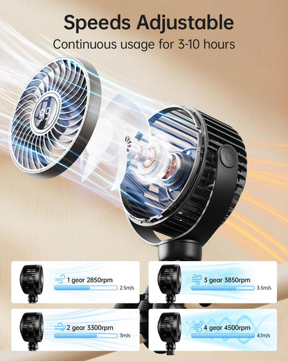 Bearwind Mini Portable Pram Fan in black with clip mount, digital display, night light, 4 speeds, 360° rotation for stroller or car seat