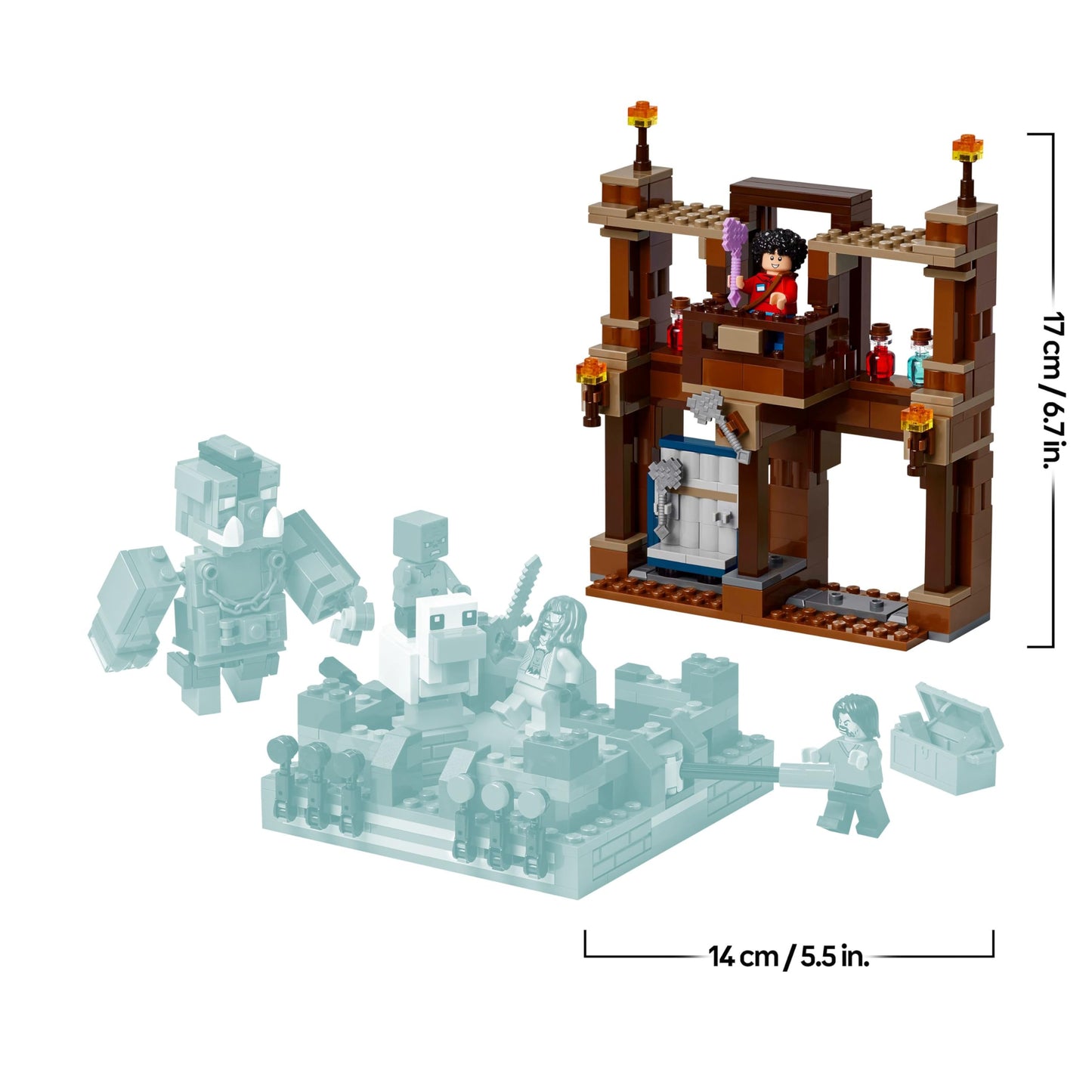 LEGO Minecraft Woodland Mansion Fighting Ring with Steve, Garret, Henry, and Baby Zombie minifigures in a detailed scene.