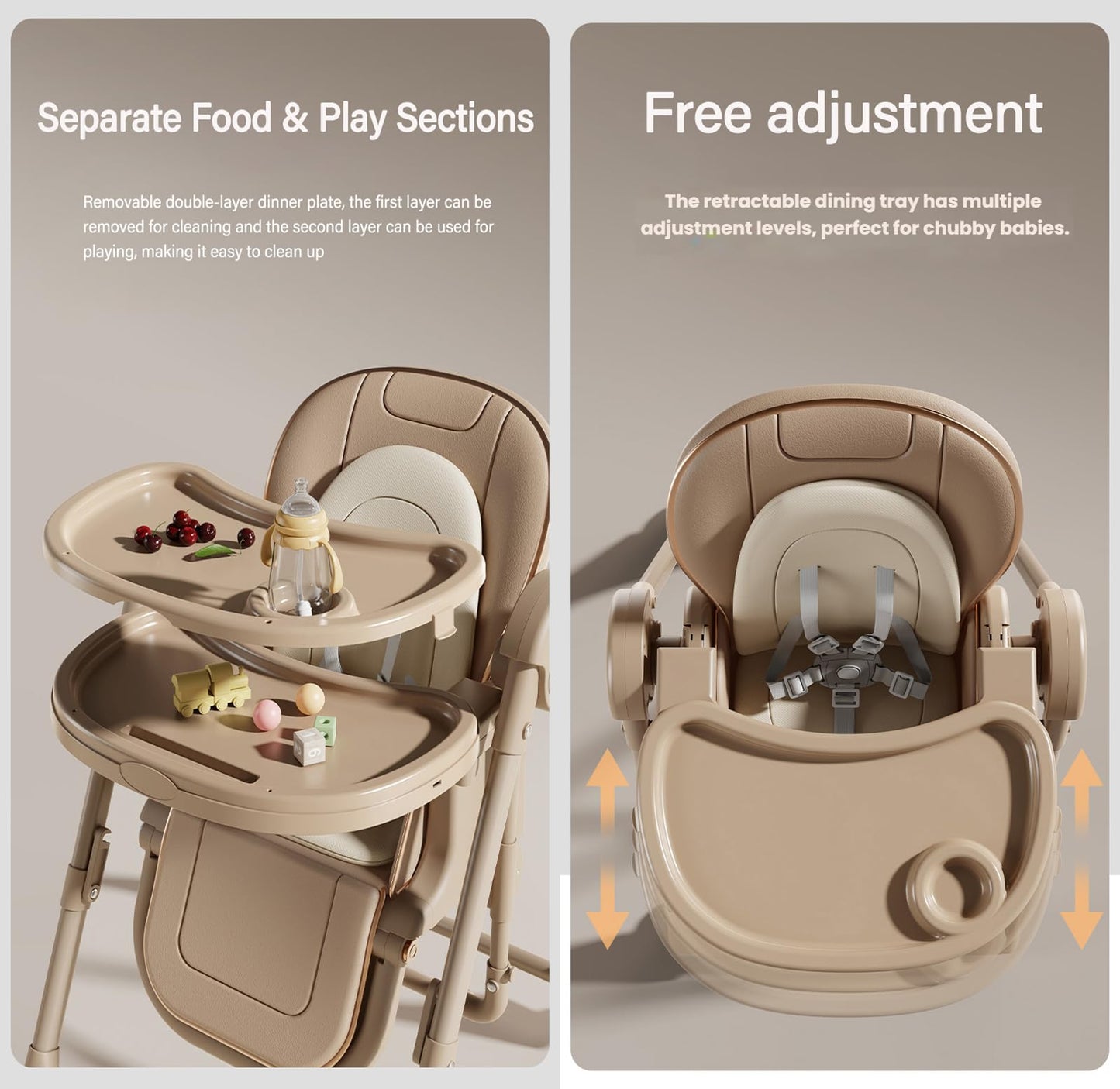 Magic ZC PU Leather Baby High Chair Toddler Feeding Dining Chair with Adjustable Heights and Positions Multifunctional Foldable Convertible with Detachable Double Trays and Wheels (X8121 Khaki)