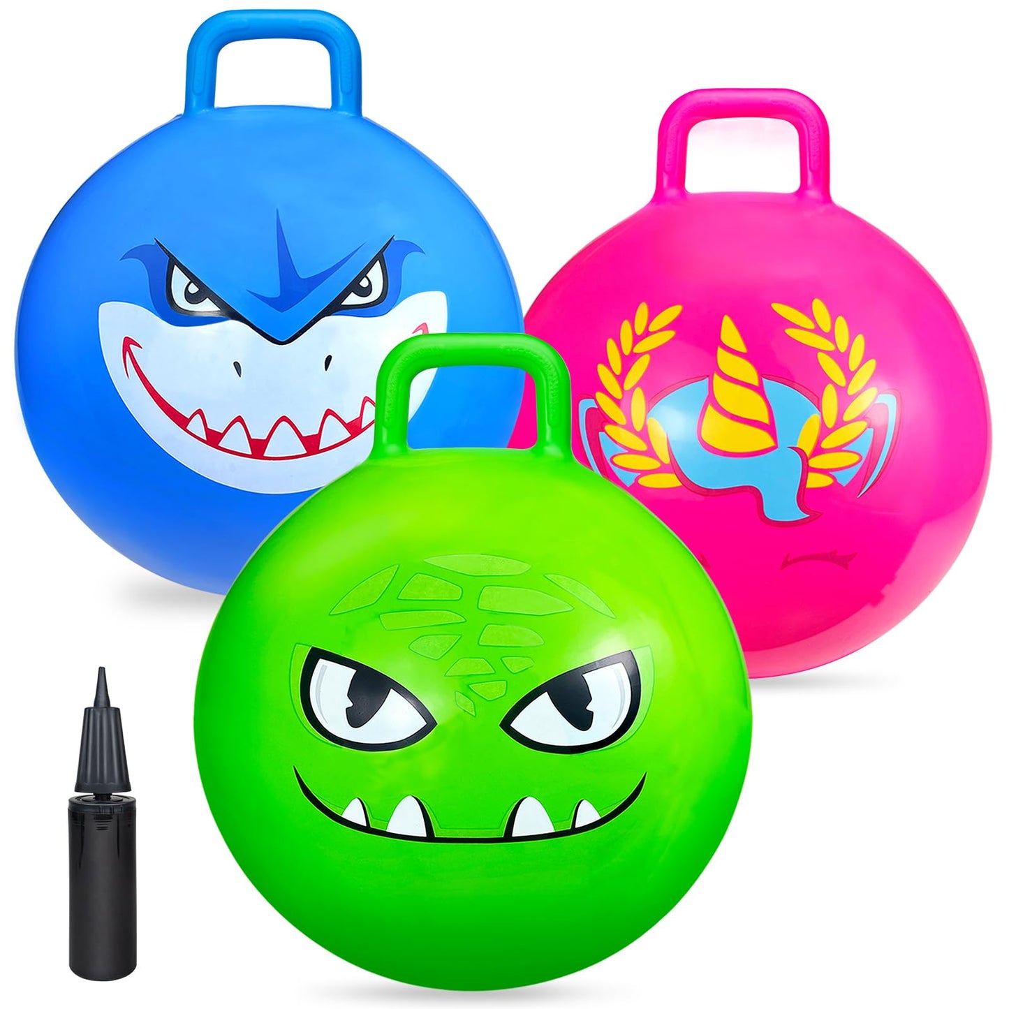 Hymaz Space Hopper for Kids Age 3-12, 3PCS Bouncy Ball 18 Inch with Handle, Inflatable Jumping Hopper Balls for Kids Outdoor Garden Party Games, Ride on Spin Toys Balance Exercise Fun