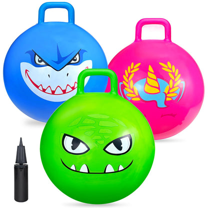 Hymaz Space Hopper for Kids Age 3-12, 3PCS Bouncy Ball 18 Inch with Handle, Inflatable Jumping Hopper Balls for Kids Outdoor Garden Party Games, Ride on Spin Toys Balance Exercise Fun