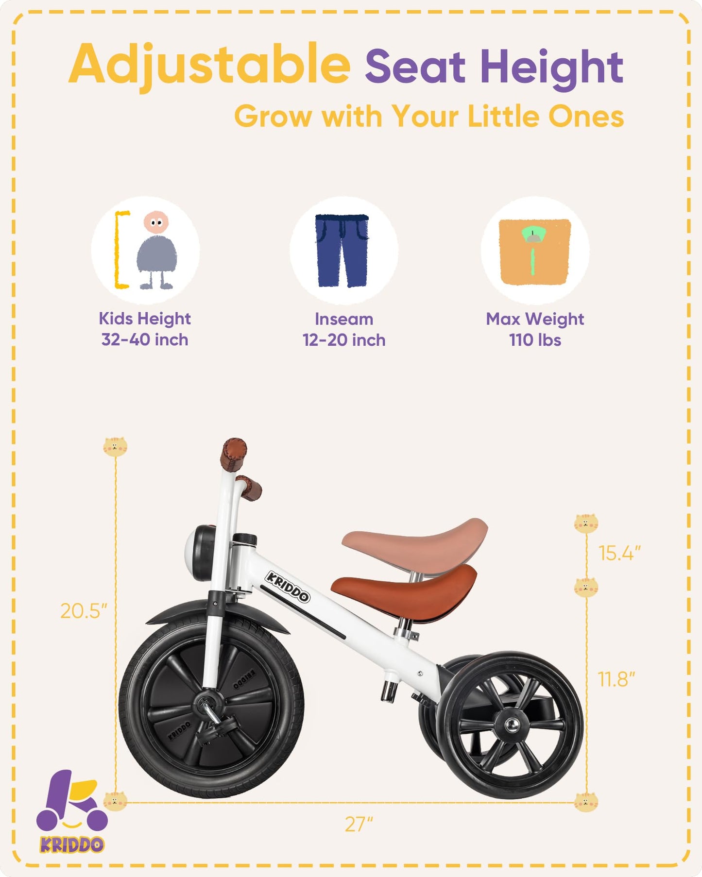 KRIDDO Kids Tricycles Age 2 Years to 5 Years, 12 Inch Puncture Free Rubber Wheel w Front Light, Adjustable Seat Height, Gift Toddler Tricycles for 2-5 Year Olds, Trikes for Toddlers, White