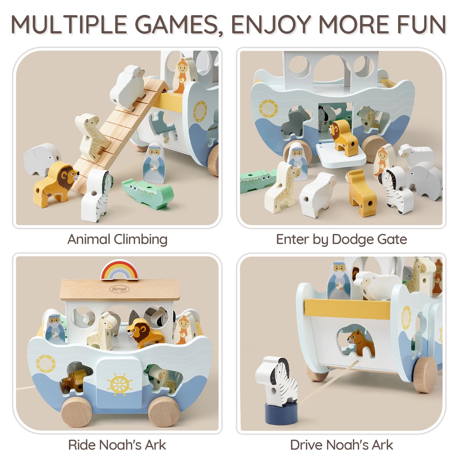 Joyreal wooden Noah's Ark toy with farm animal shapes, Montessori stacking and sorting toy for children aged 1 to 3, ideal baptism gift