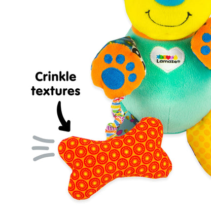 Lamaze Pupsqueak clip-and-go pram baby toy with soft plush puppy design for sensory development in infants 0-6 months.