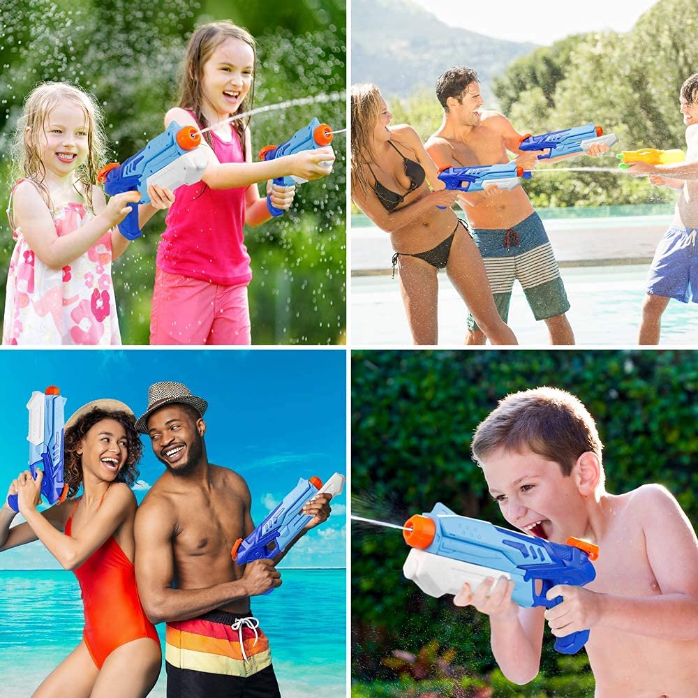 D-FantiX water guns for kids, 2-pack, blue and red super soaker blasters with long-range 300CC capacity for pool and beach play