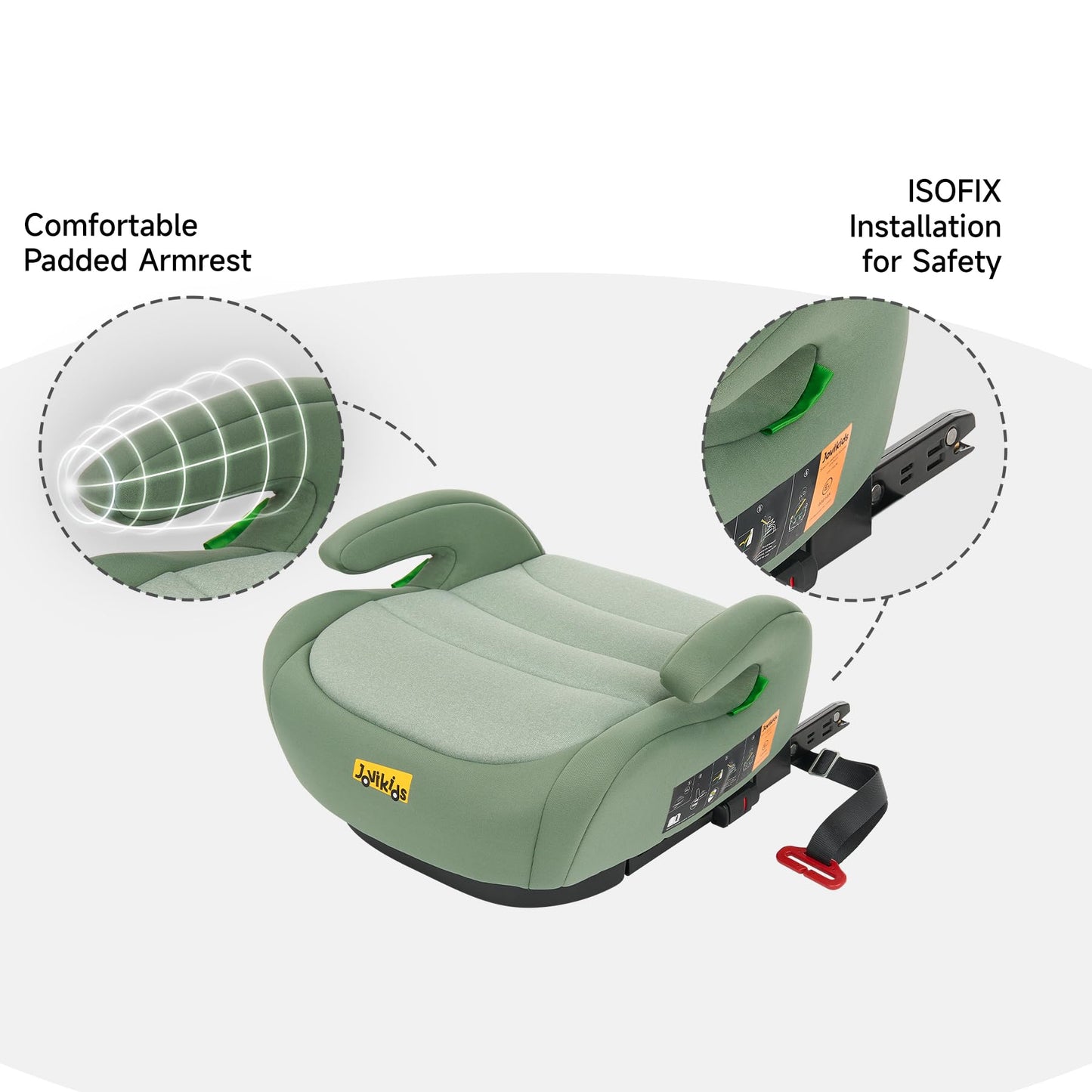 Jovikids I-Size Booster Seat for Car with ISOFIX, 125-150cm (Group 2/3, 6-12 Years), Portable Car Seats for Kids, Convenient for Everyday Use, Great for Travel, ECE R129 (Soft Green)