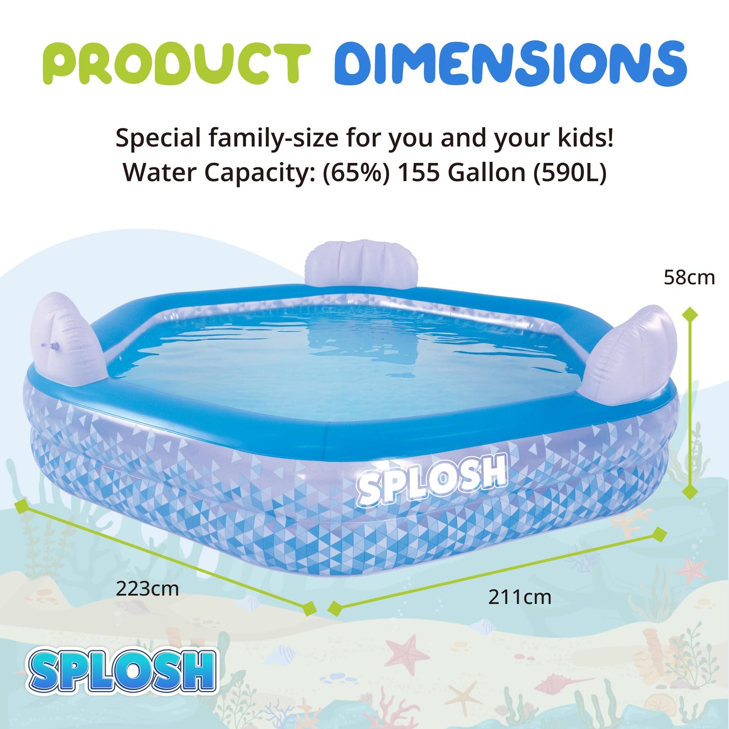 Splosh Inflatable Family Swimming Pool With Seats - For Kids & Adults - Large Hexagonal Paddling Pool 2.23m x 2.11m - Easy To Inflate - Kids Paddling Pools For Garden