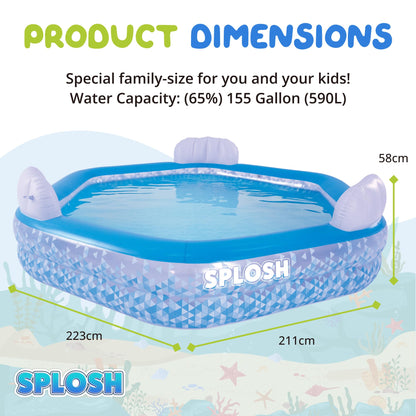 Splosh Inflatable Family Swimming Pool With Seats - For Kids & Adults - Large Hexagonal Paddling Pool 2.23m x 2.11m - Easy To Inflate - Kids Paddling Pools For Garden