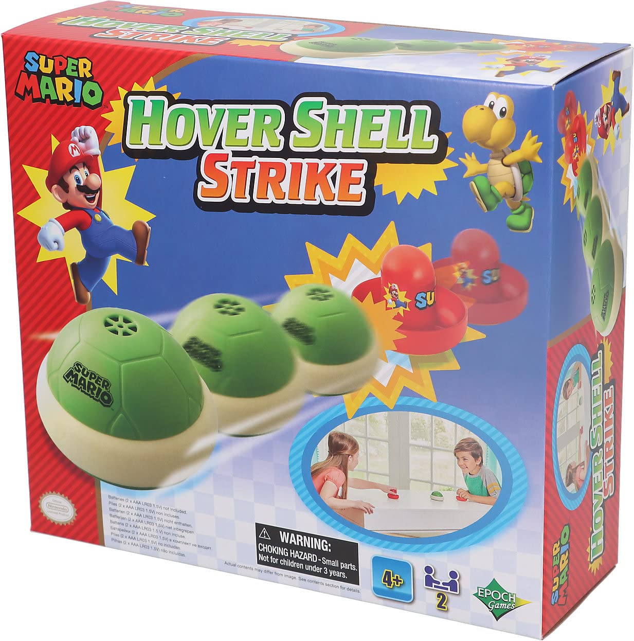 EPOCH Games Super Mario Hover Shell Strike game featuring a colorful hover shell and game components on a playing surface.