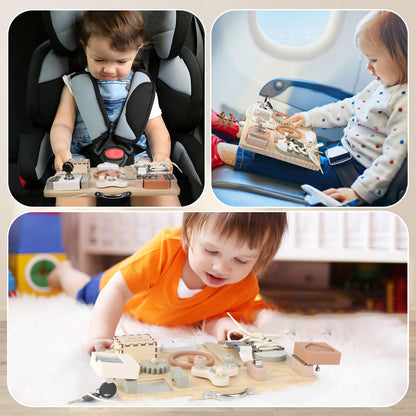 Joyreal wooden busy board for toddlers featuring various sensory and fidget activities to develop fine motor skills and enhance play.
