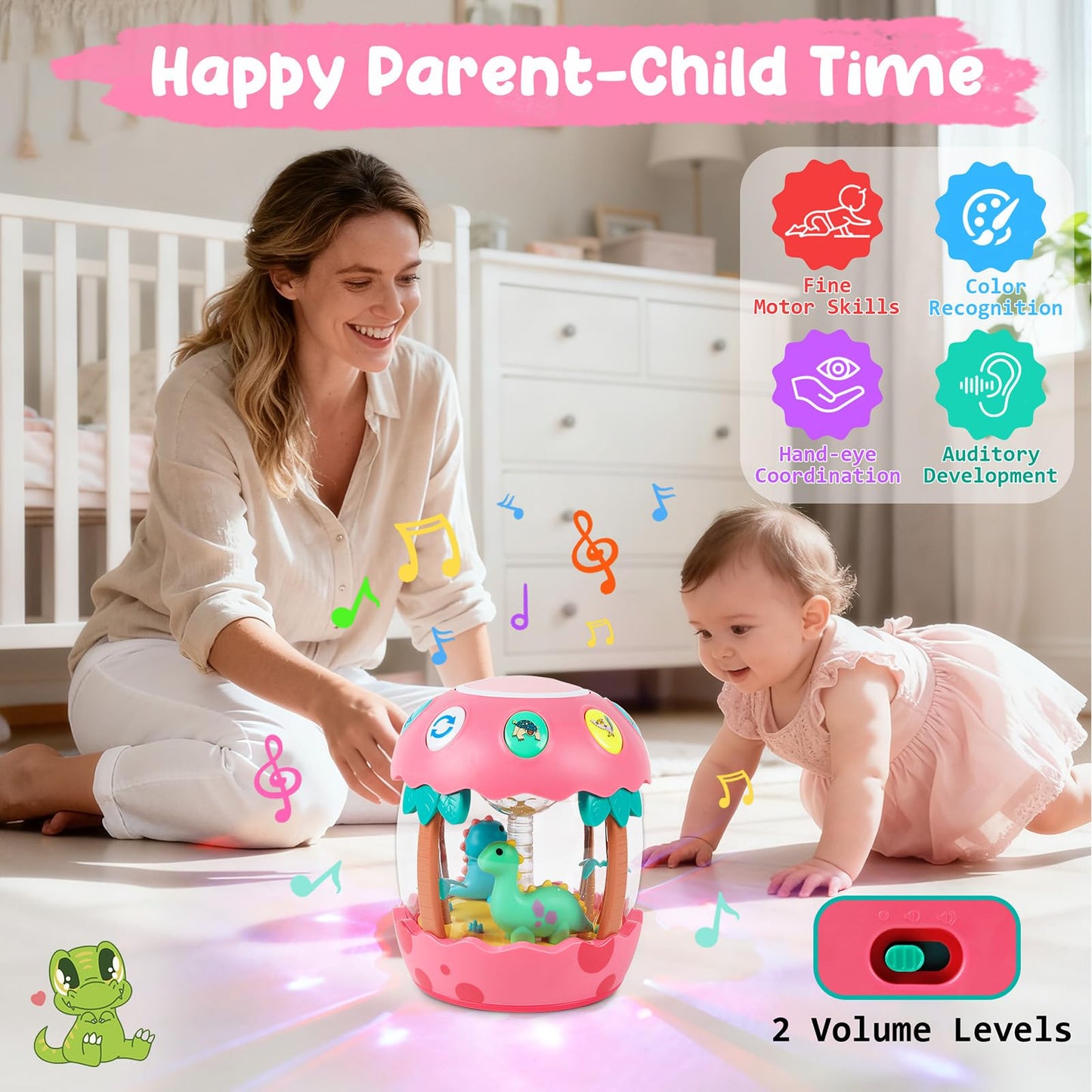 Shayson Baby Musical Toys 6 to 12 Months, Dinosaur Eggs Projector Light Up Toys with Music for 1 2 3 Year Old Boys Girls, 12-18 Months Crawling Learning Tummy Time 1st Birthday(Pink)