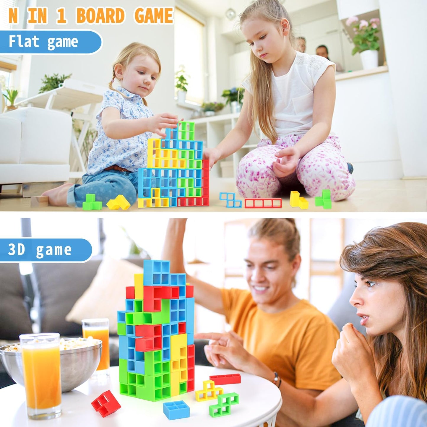 DUHLnote 48-piece stack game with colorful balancing blocks for adults and kids, ideal for family travel and team building activities.
