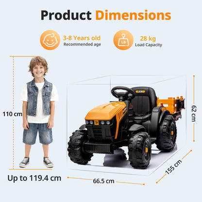 Hikiddo Licensed JCB Ride on Tractor Car, 24V Kids Ride on Tractor for Ages 3-8 with Trailer, Remote Control, 400W Motors - Yellow