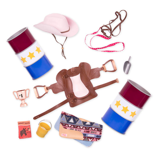 Our Generation 18-inch doll horseback riding set with saddle, cowgirl hat, and accessories for pretend play.