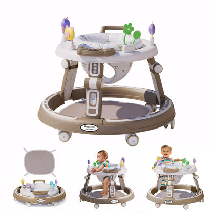 RuguAini 360° rotating baby walker in khaki with foldable, height-adjustable design, silent wheels, for 6-24 month toddlers.