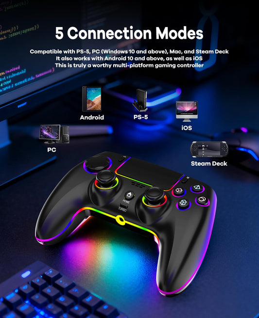 QIVORO Wireless Controller for PS-5/Pro/PC/Steam Deck/Mac/iOS/Android, Gamepad with Hall Effect Joystick, Dual Vibration, Turbo, Programmable Buttons (7 RGB Lighting, Touchpad, 1500mAh Battery)